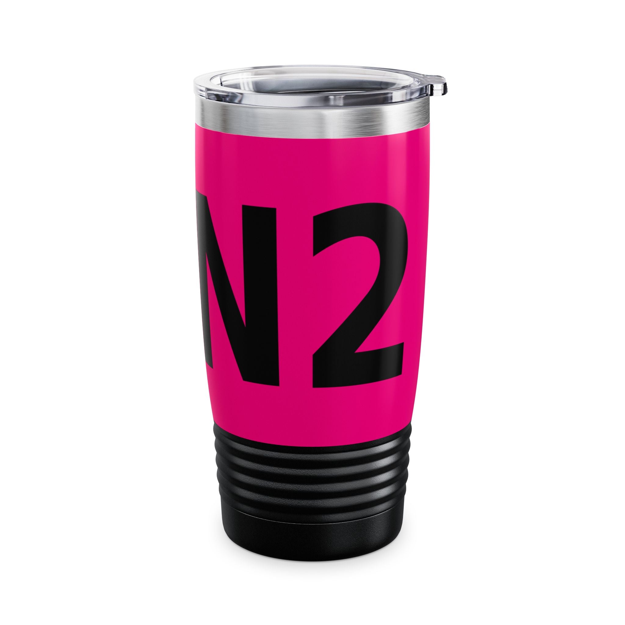 A stainless steel travel tumbler with a bright pink wrap featuring the black text 'N2', a clear lid, and a black ribbed base, shown on a plain white background.