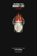 Book cover for 'The Official F*ck It Bucket List' featuring a black background, white and red typography, and an illustration of a bucket on fire in the center.